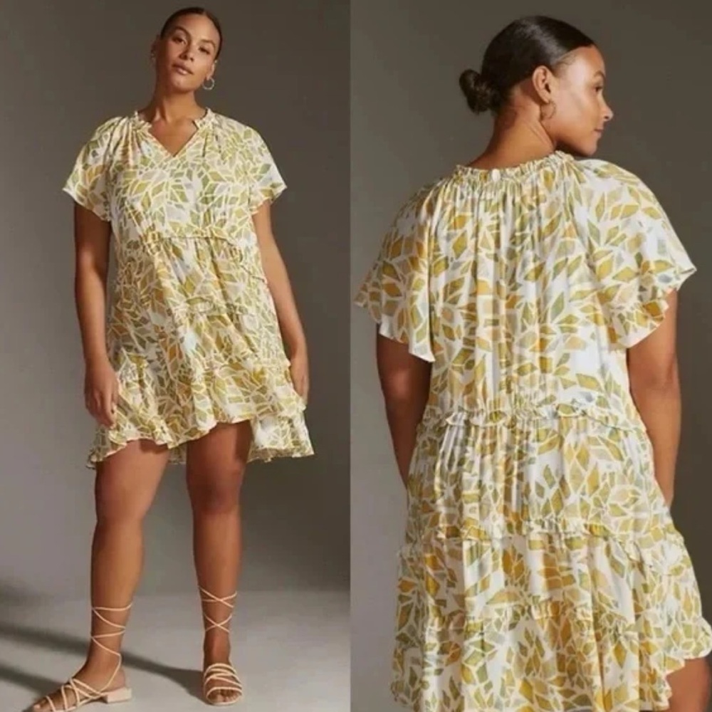 Anthropologie Robin Tiered Ruffled Mini Dress Yellow White Motif Size MP NWT